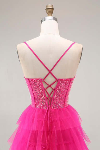 Fuchsia Beaded Corset Tiered Maxi Prom Dress with Slit