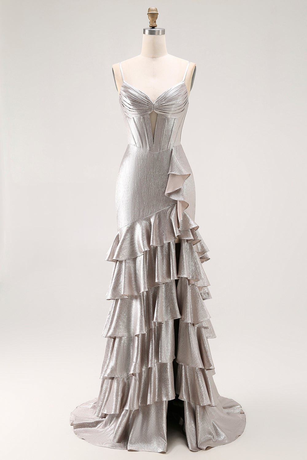 Grey Corset Mermaid Metallic Ruffled Long Prom Dress with Slit