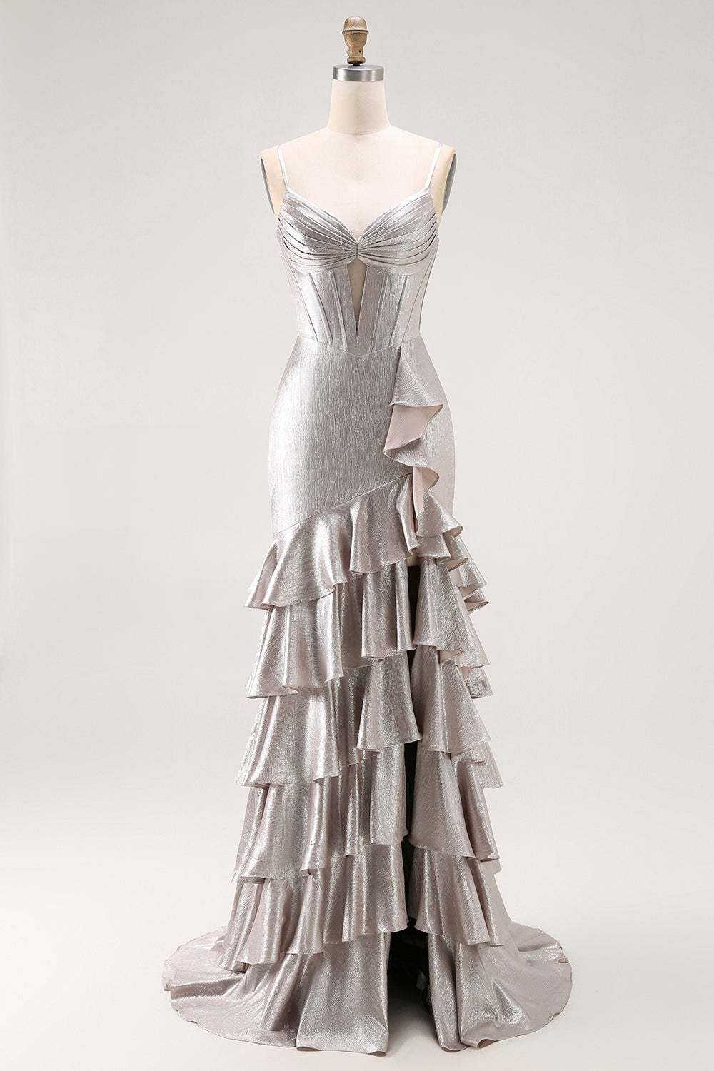 Leely Women Grey Mermaid Metallic Long Prom Dress with Slit Corset Ruffled Spaghetti Straps Lace Up Back Evening Dress