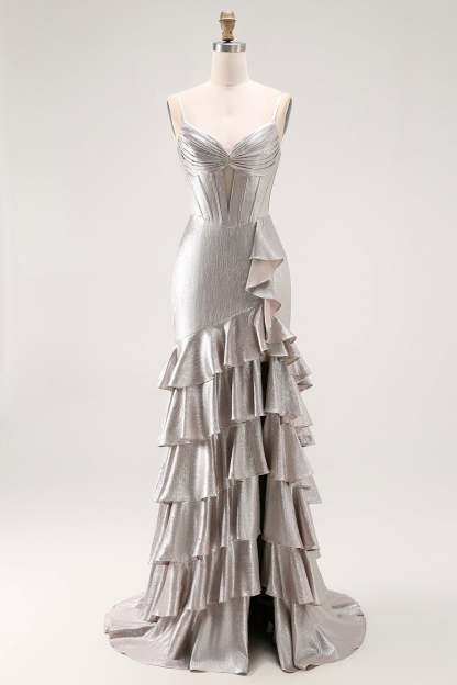 Leely Women Grey Mermaid Metallic Long Prom Dress with Slit Corset Ruffled Spaghetti Straps Lace Up Back Evening Dress