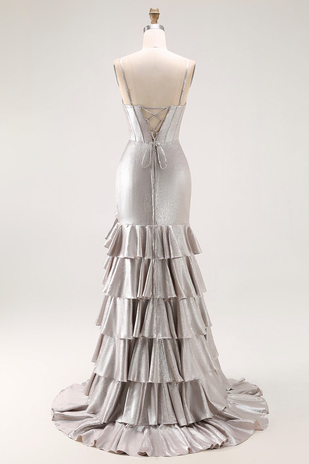 Grey Corset Mermaid Metallic Ruffled Long Prom Dress with Slit