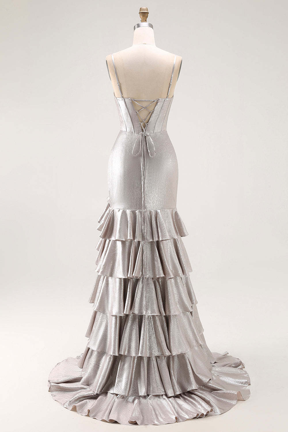Grey Corset Mermaid Metallic Ruffled Long Prom Dress with Slit