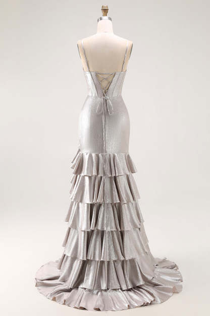 Grey Corset Mermaid Metallic Ruffled Long Prom Dress with Slit