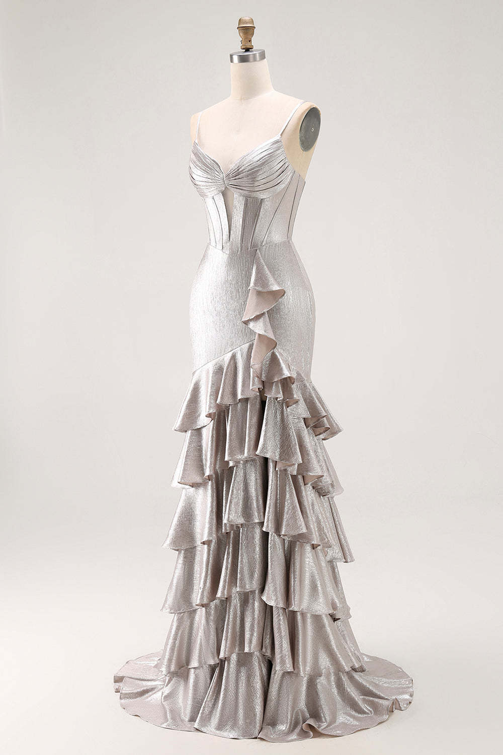 Grey Corset Mermaid Metallic Ruffled Long Prom Dress with Slit
