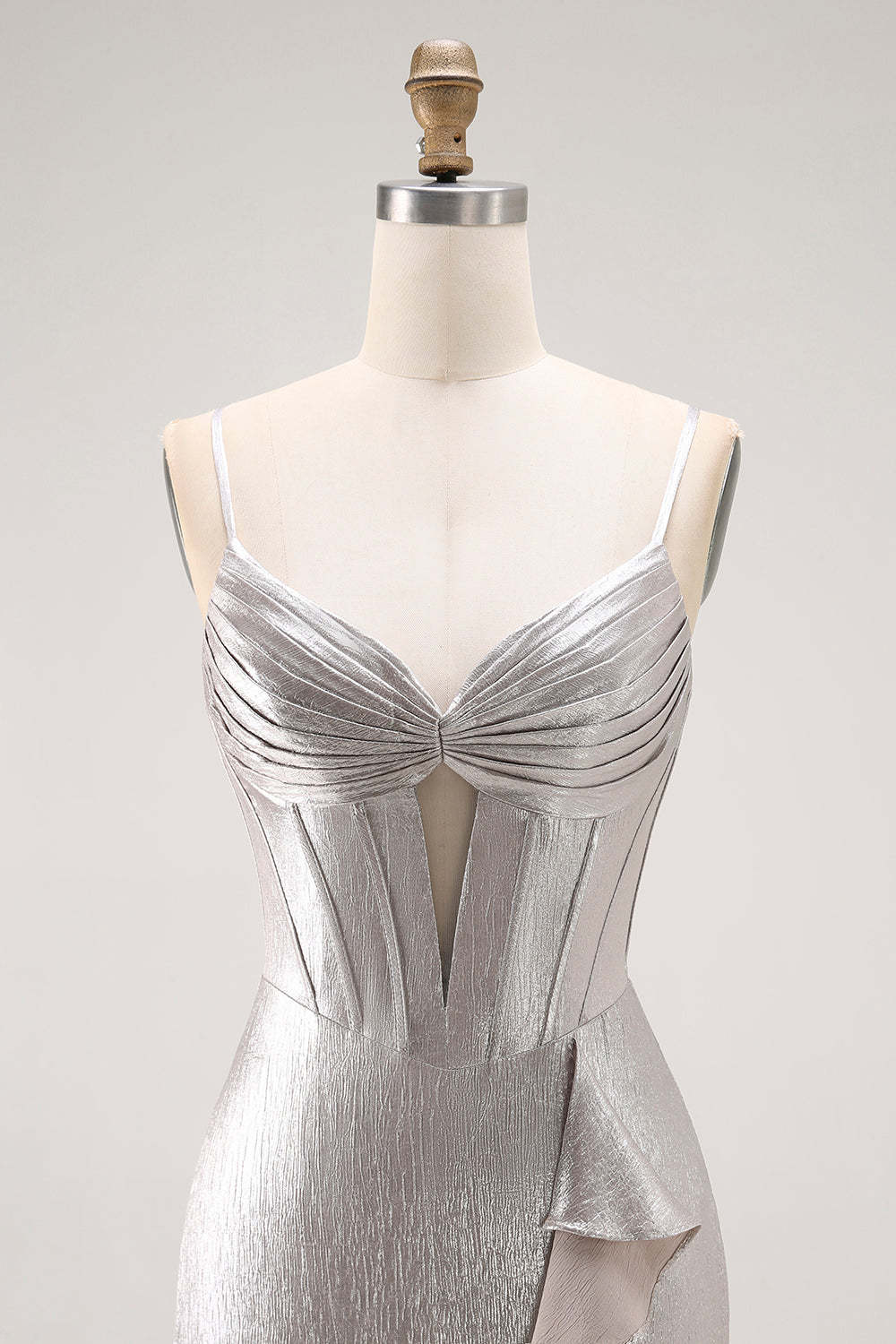 Grey Corset Mermaid Metallic Ruffled Long Prom Dress with Slit