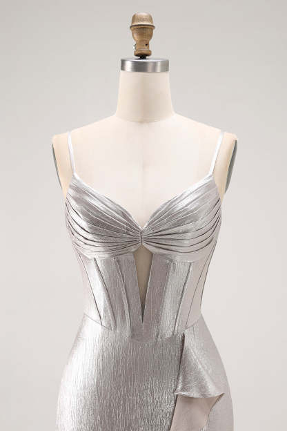 Grey Corset Mermaid Metallic Ruffled Long Prom Dress with Slit