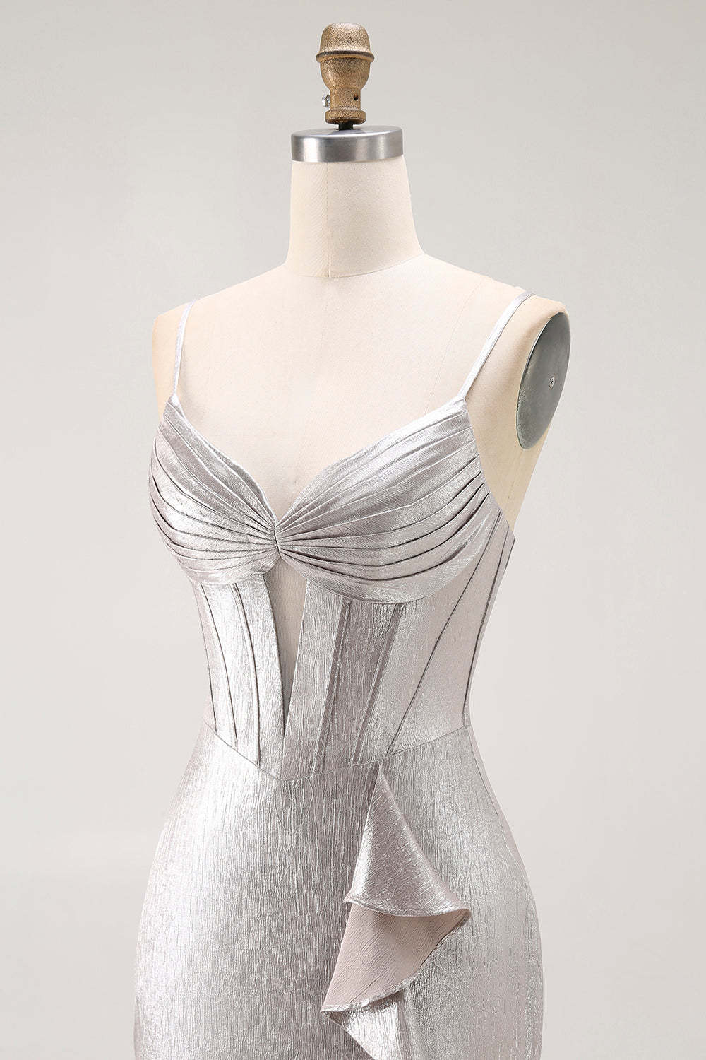Grey Corset Mermaid Metallic Ruffled Long Prom Dress with Slit
