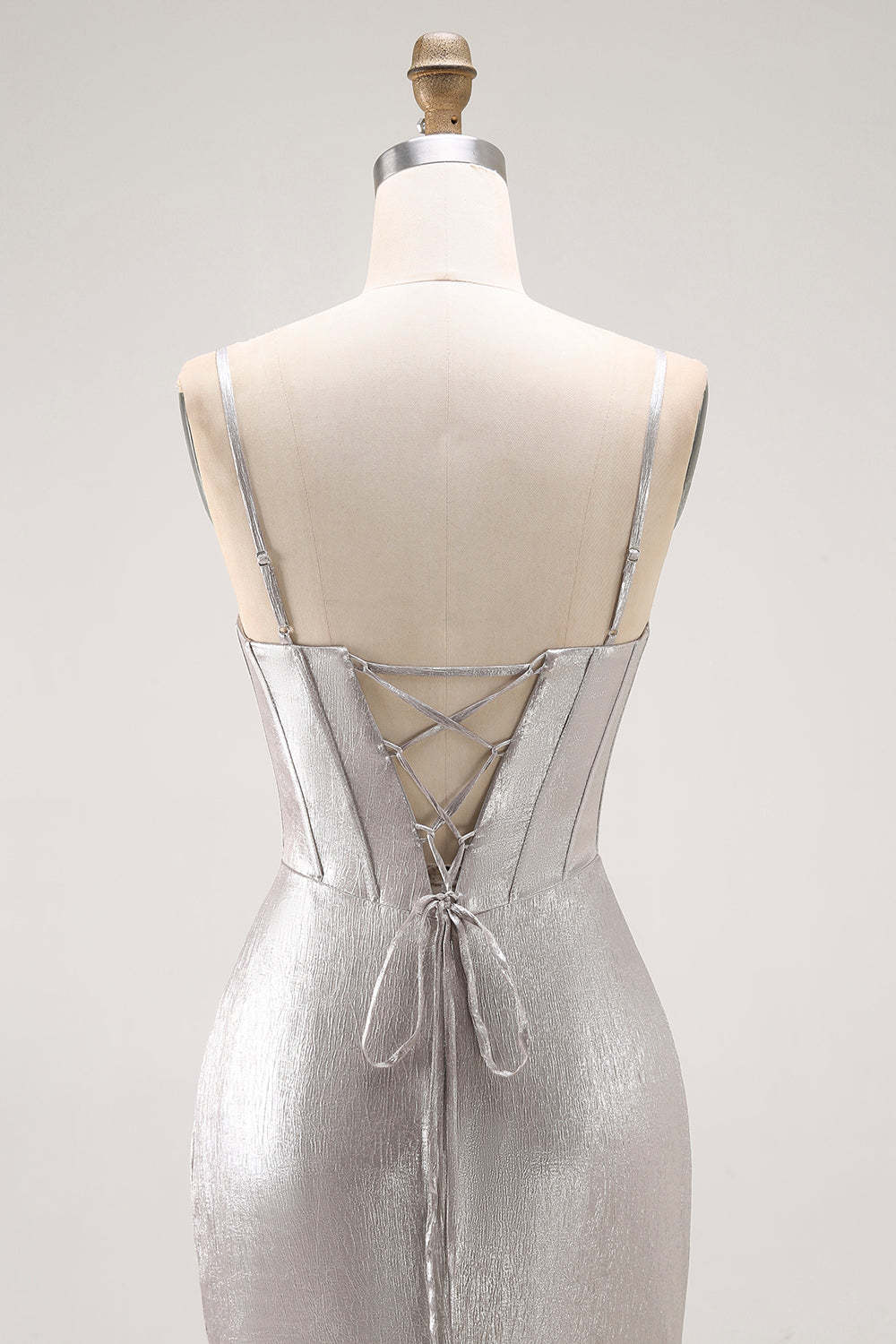 Grey Corset Mermaid Metallic Ruffled Long Prom Dress with Slit