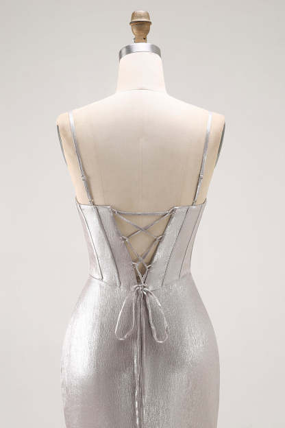 Grey Corset Mermaid Metallic Ruffled Long Prom Dress with Slit