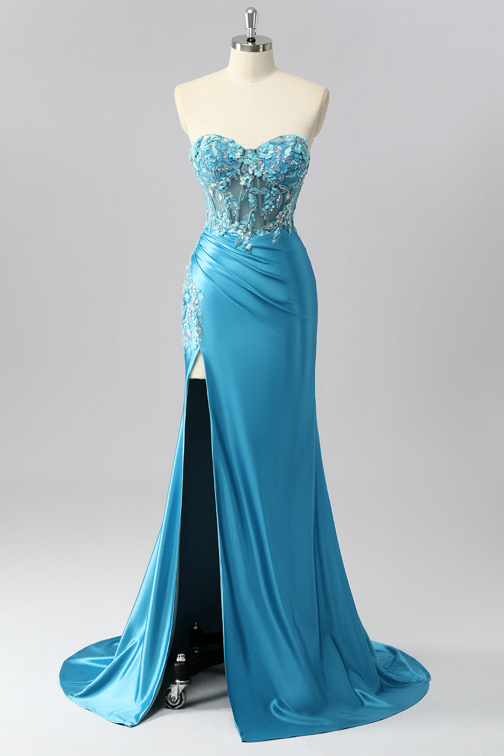 Sparkly Blue Sweetheart Satin Corset Mermaid Maxi Prom Dress with Sequins
