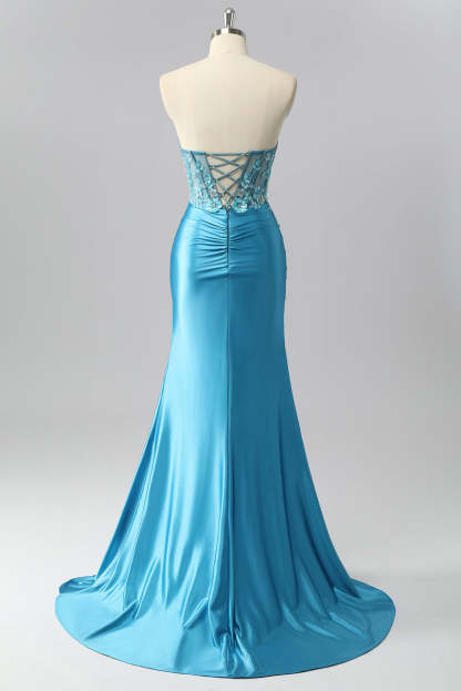 Sparkly Blue Sweetheart Satin Corset Mermaid Maxi Prom Dress with Sequins
