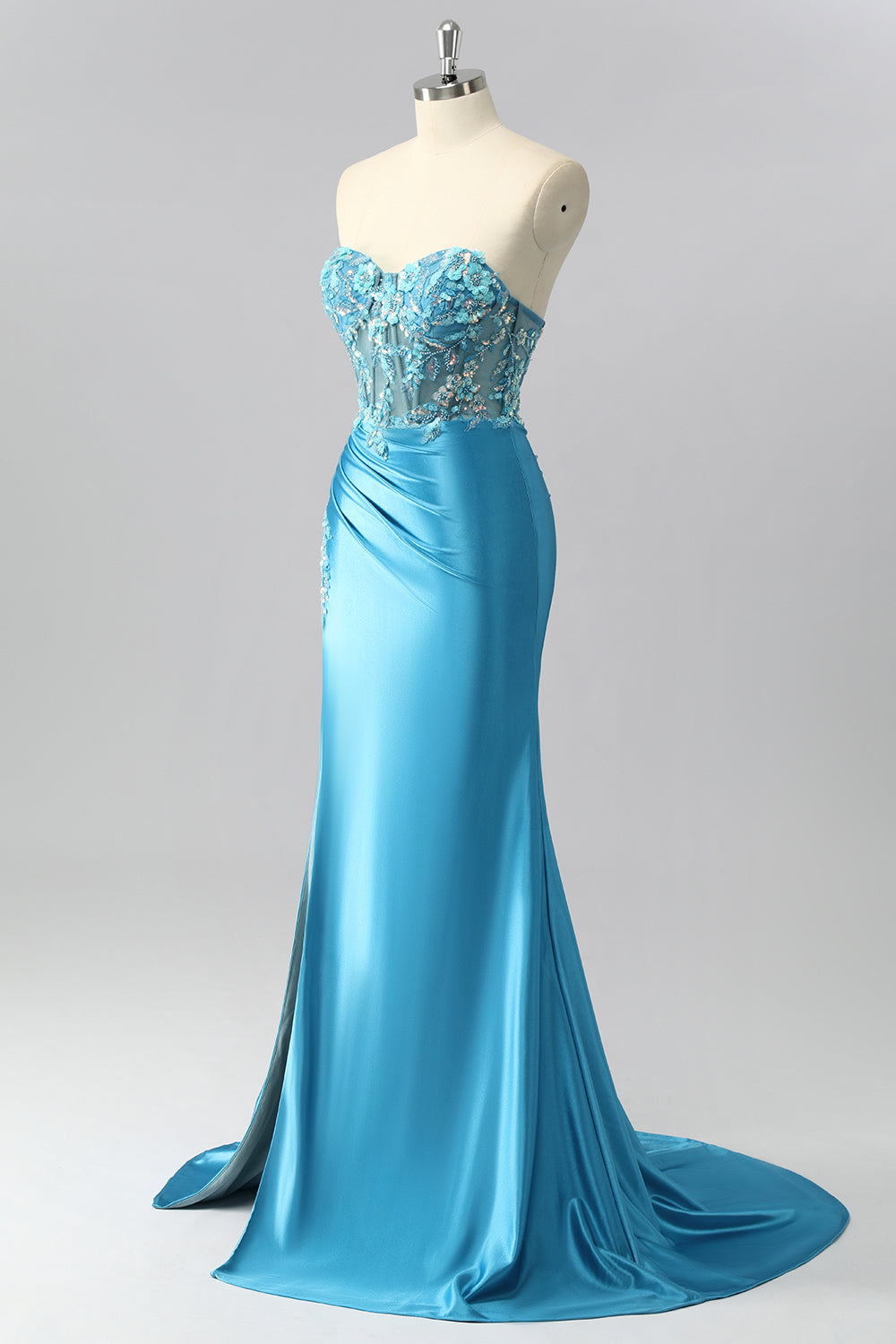 Sparkly Blue Sweetheart Satin Corset Mermaid Maxi Prom Dress with Sequins