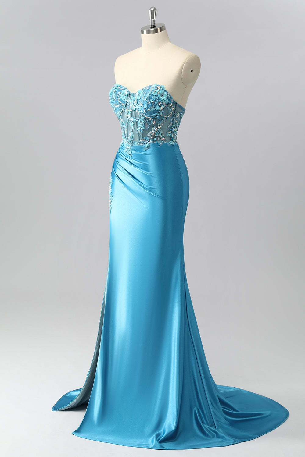 Sparkly Blue Sweetheart Satin Corset Mermaid Maxi Prom Dress with Sequins