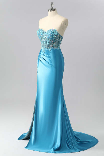 Sparkly Blue Sweetheart Satin Corset Mermaid Maxi Prom Dress with Sequins