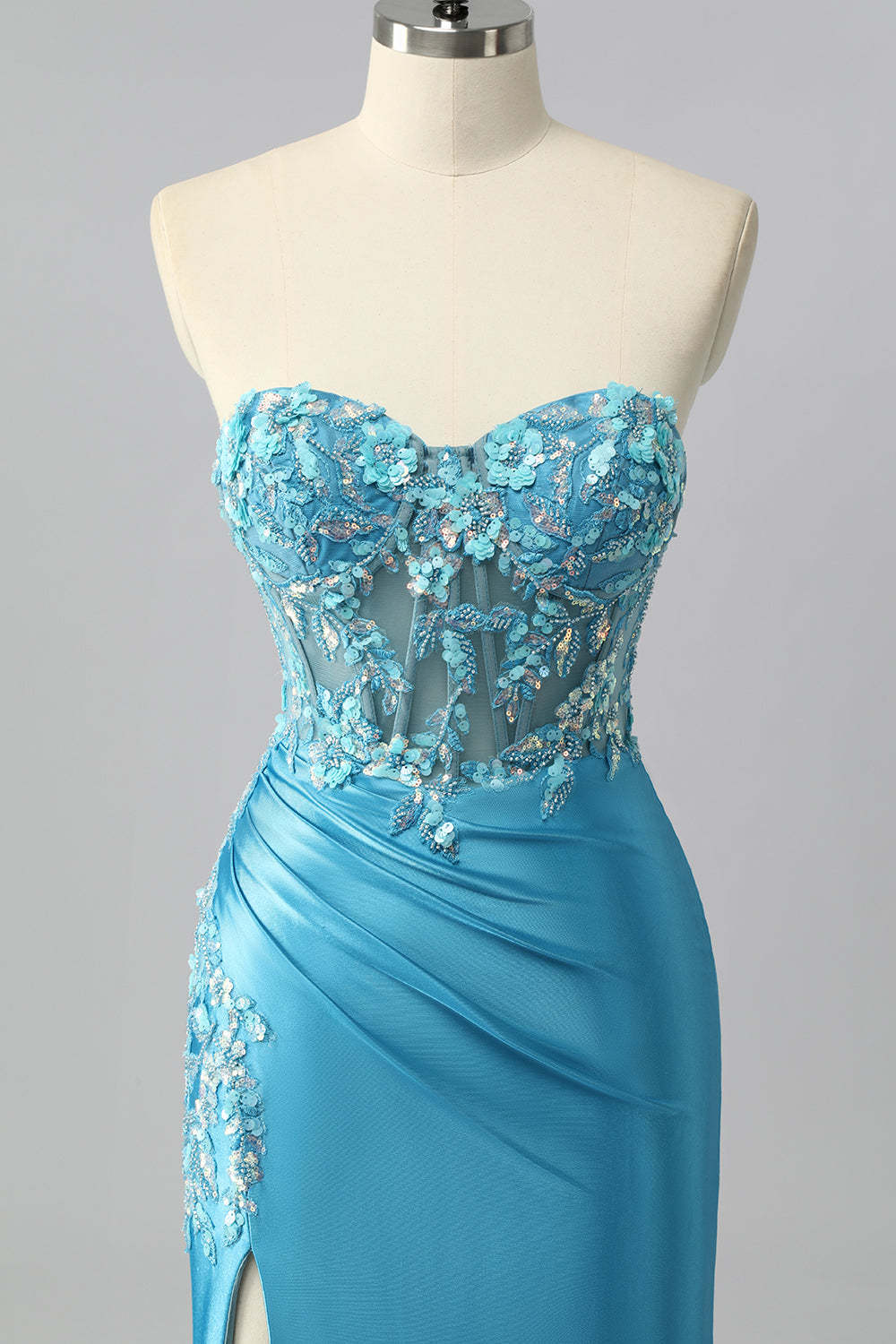 Sparkly Blue Sweetheart Satin Corset Mermaid Maxi Prom Dress with Sequins