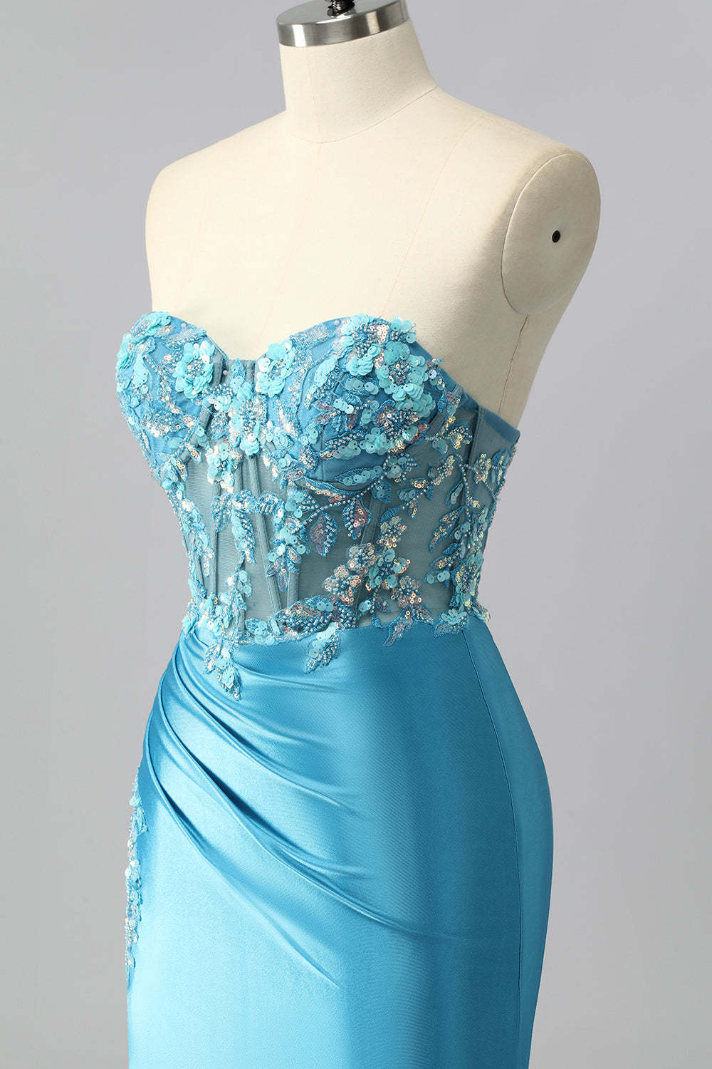 Sparkly Blue Sweetheart Satin Corset Mermaid Maxi Prom Dress with Sequins