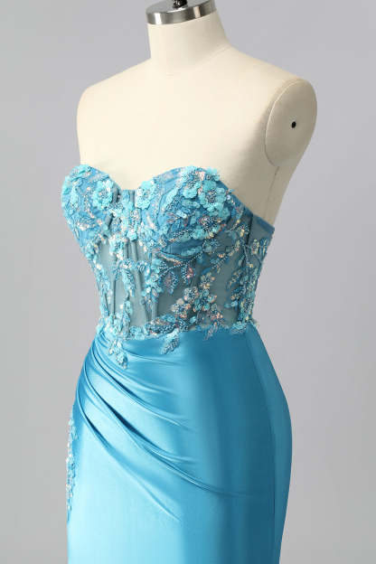 Sparkly Blue Sweetheart Satin Corset Mermaid Maxi Prom Dress with Sequins