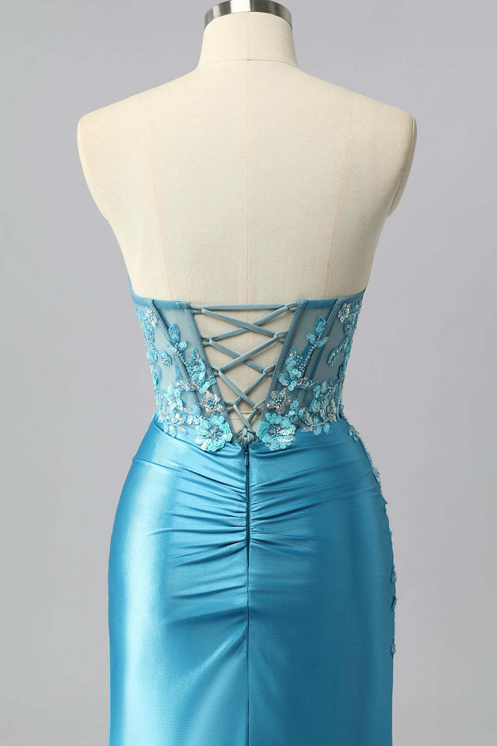 Sparkly Blue Sweetheart Satin Corset Mermaid Maxi Prom Dress with Sequins