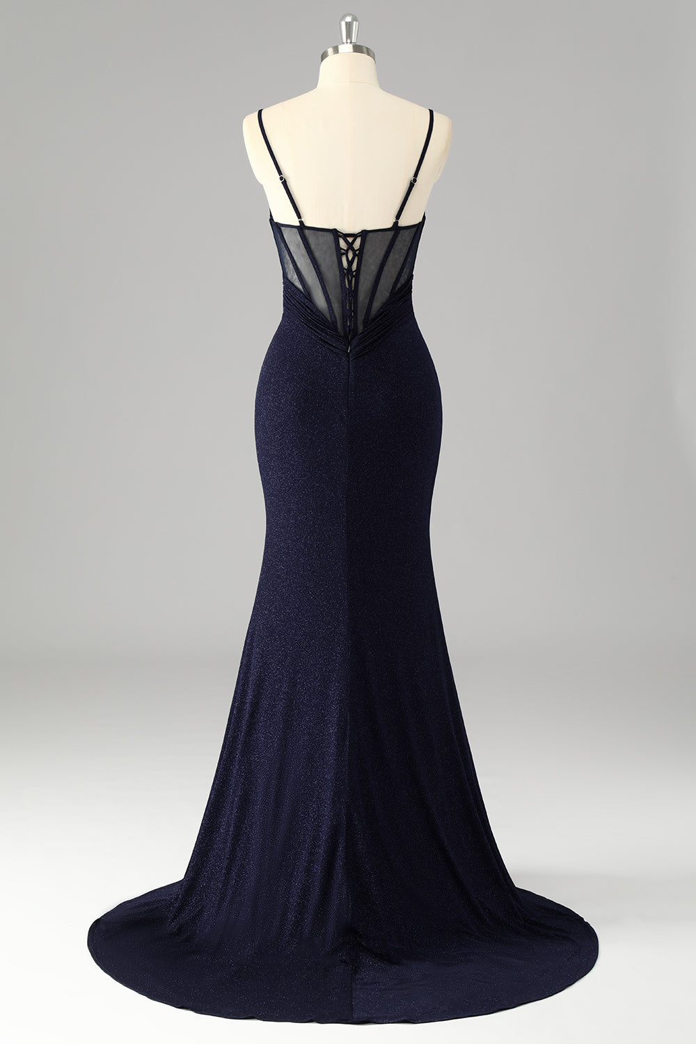 Glitter Navy Corset Spaghetti Straps Mermaid Maxi Prom Dress with Slit