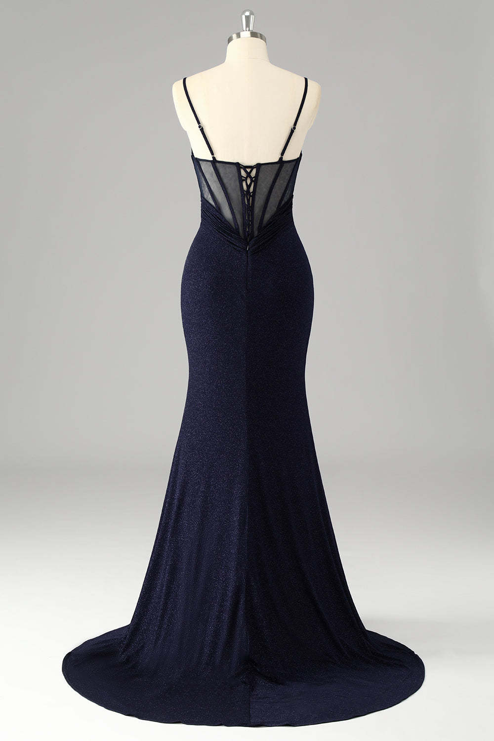 Glitter Navy Corset Spaghetti Straps Mermaid Maxi Prom Dress with Slit