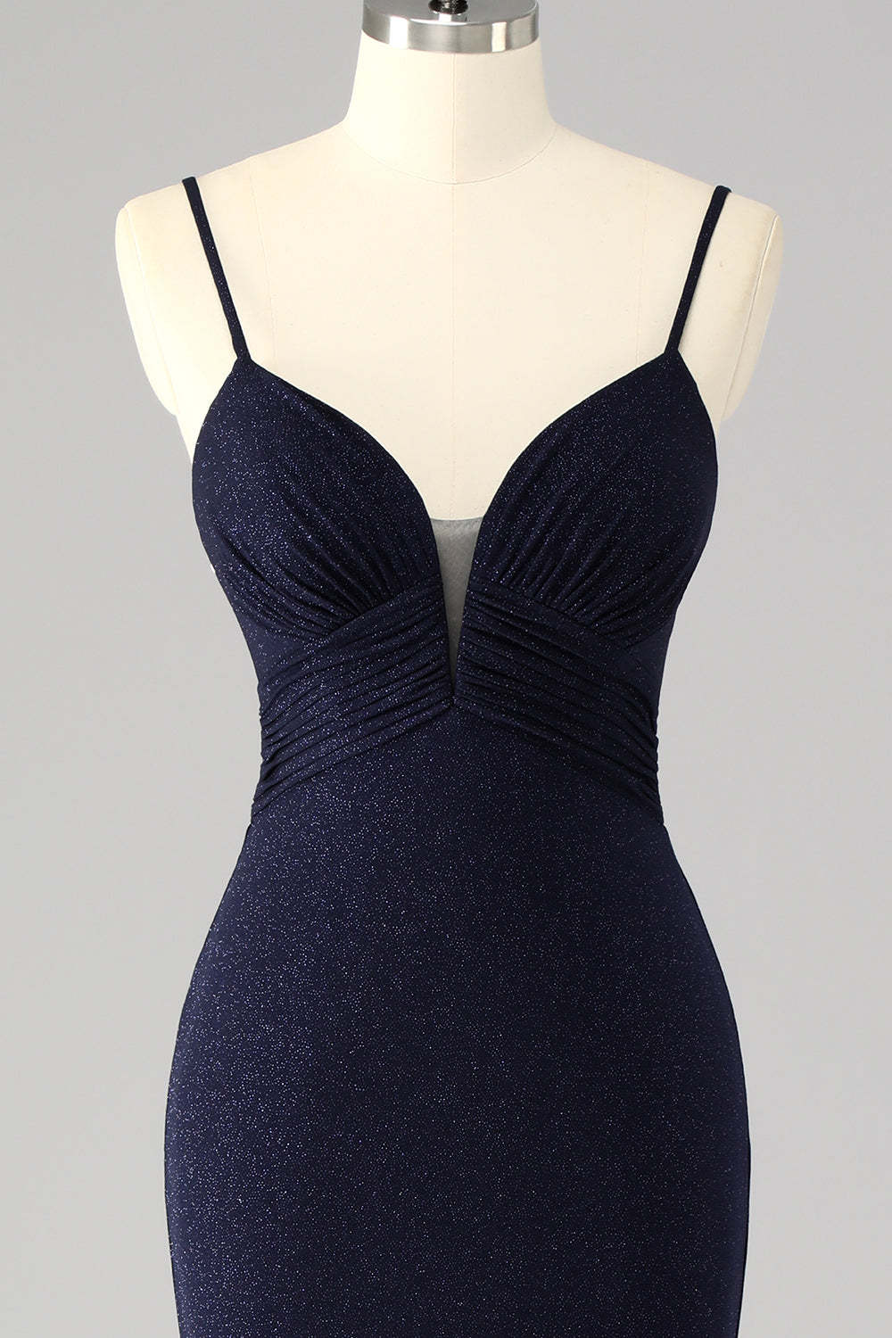 Glitter Navy Corset Spaghetti Straps Mermaid Maxi Prom Dress with Slit