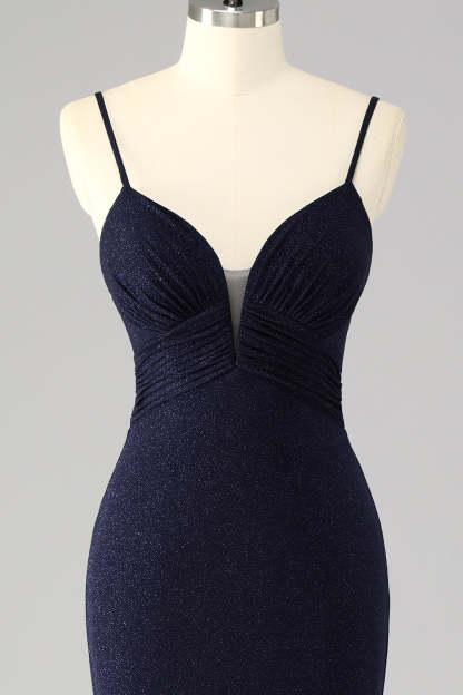 Glitter Navy Corset Spaghetti Straps Mermaid Maxi Prom Dress with Slit