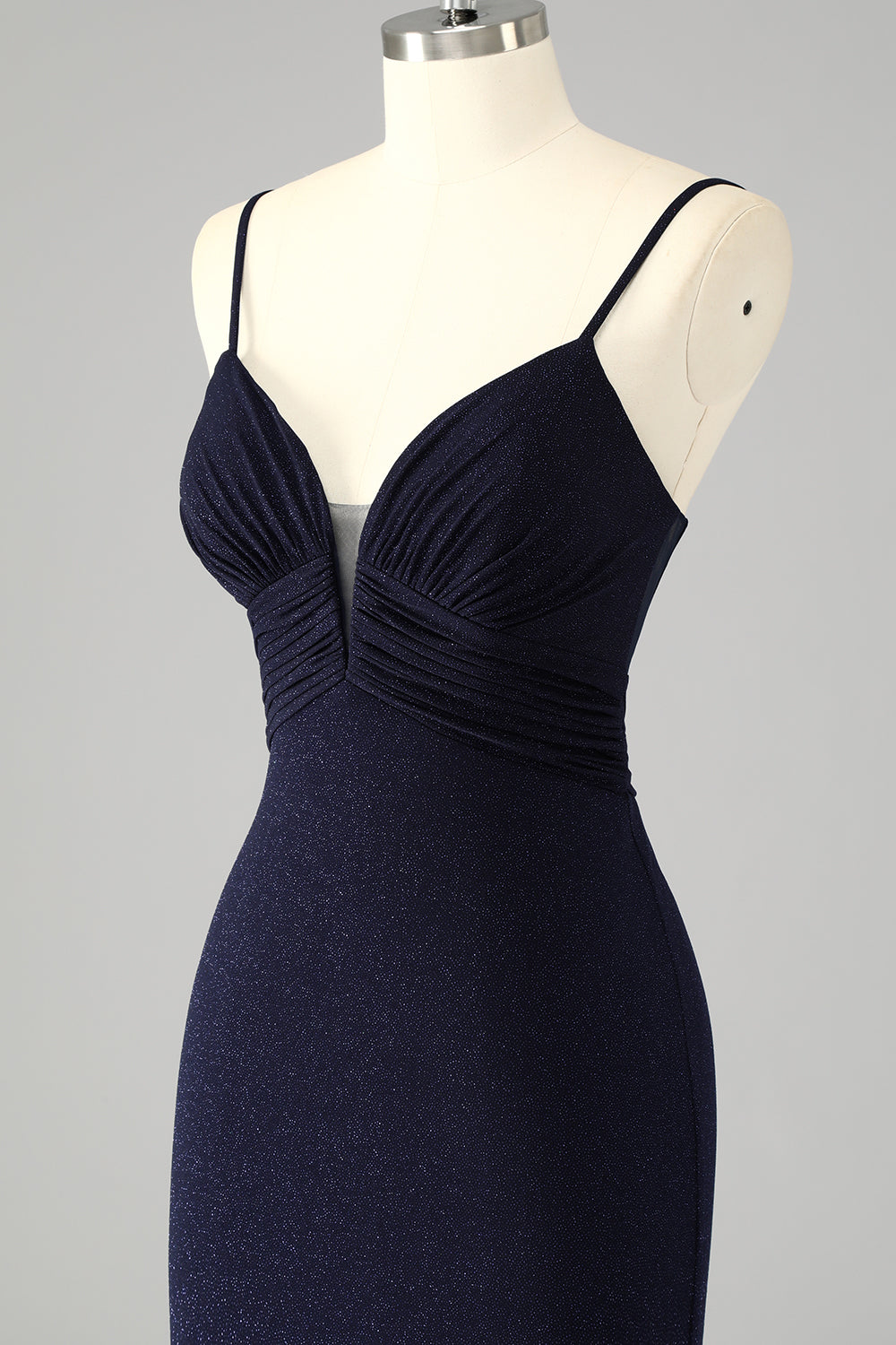 Glitter Navy Corset Spaghetti Straps Mermaid Maxi Prom Dress with Slit