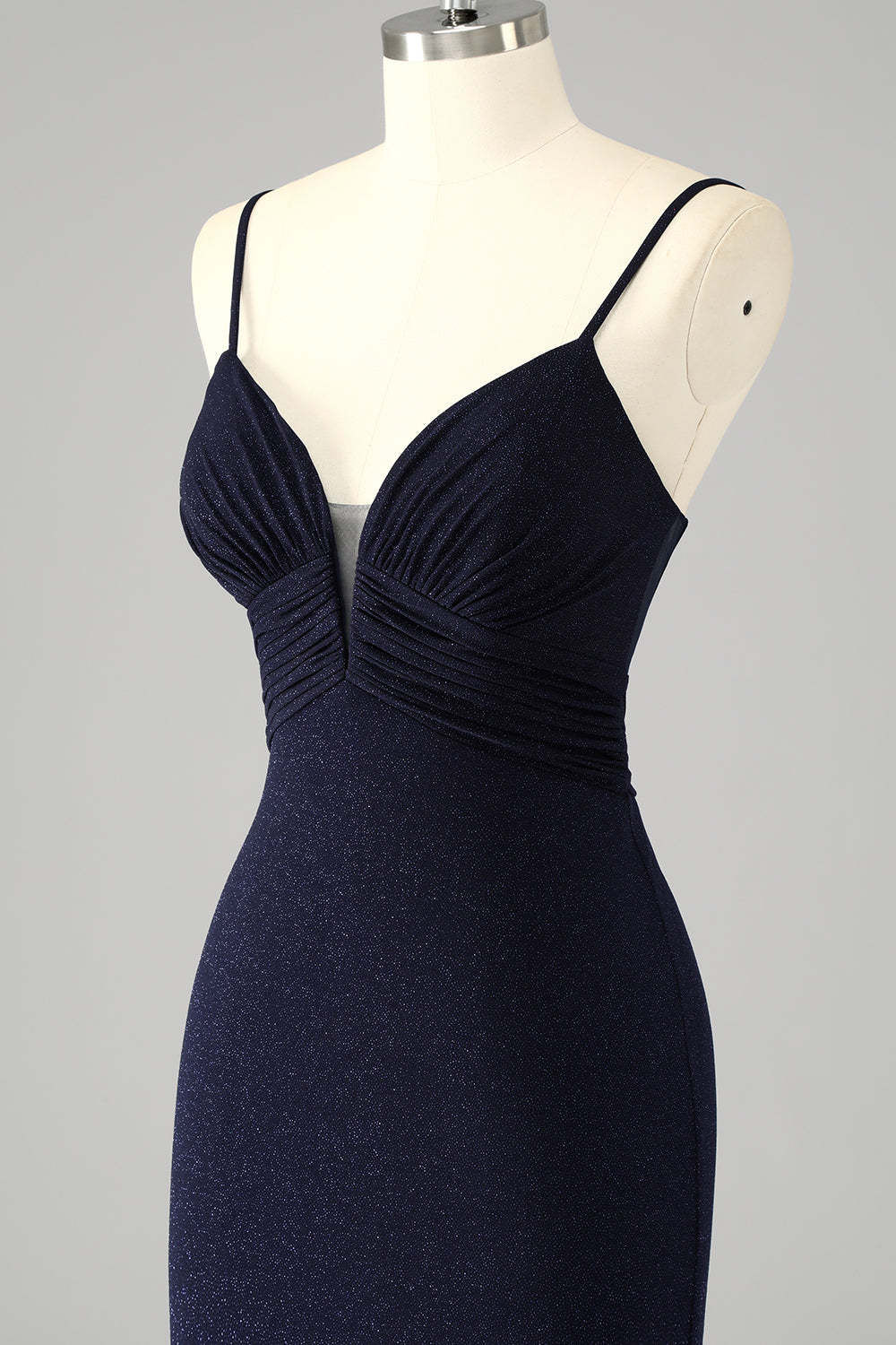 Glitter Navy Corset Spaghetti Straps Mermaid Maxi Prom Dress with Slit