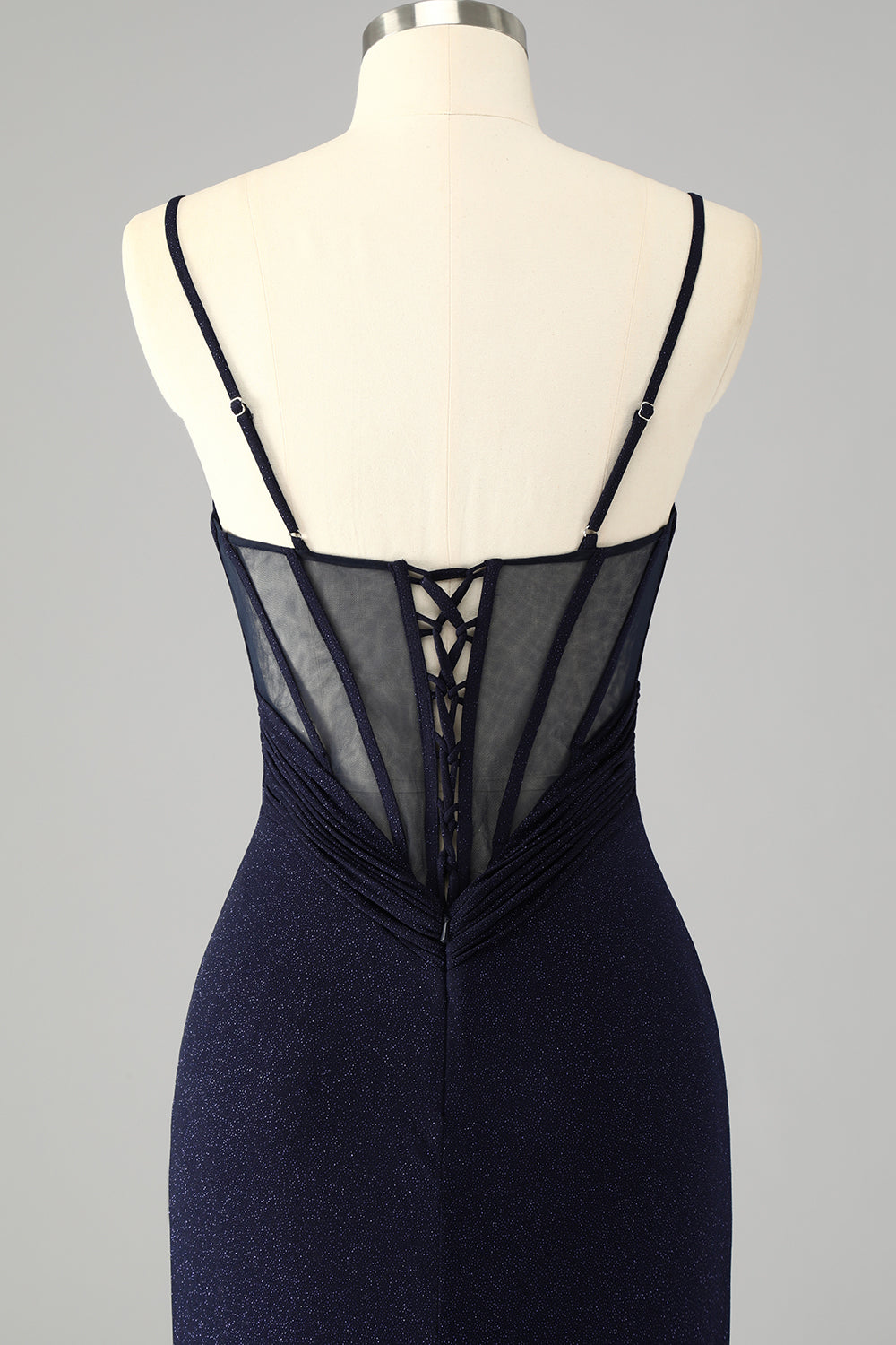 Glitter Navy Corset Spaghetti Straps Mermaid Maxi Prom Dress with Slit