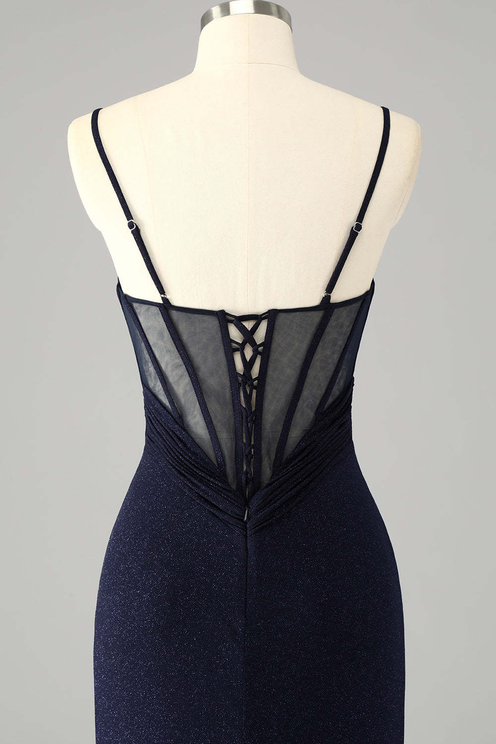 Glitter Navy Corset Spaghetti Straps Mermaid Maxi Prom Dress with Slit