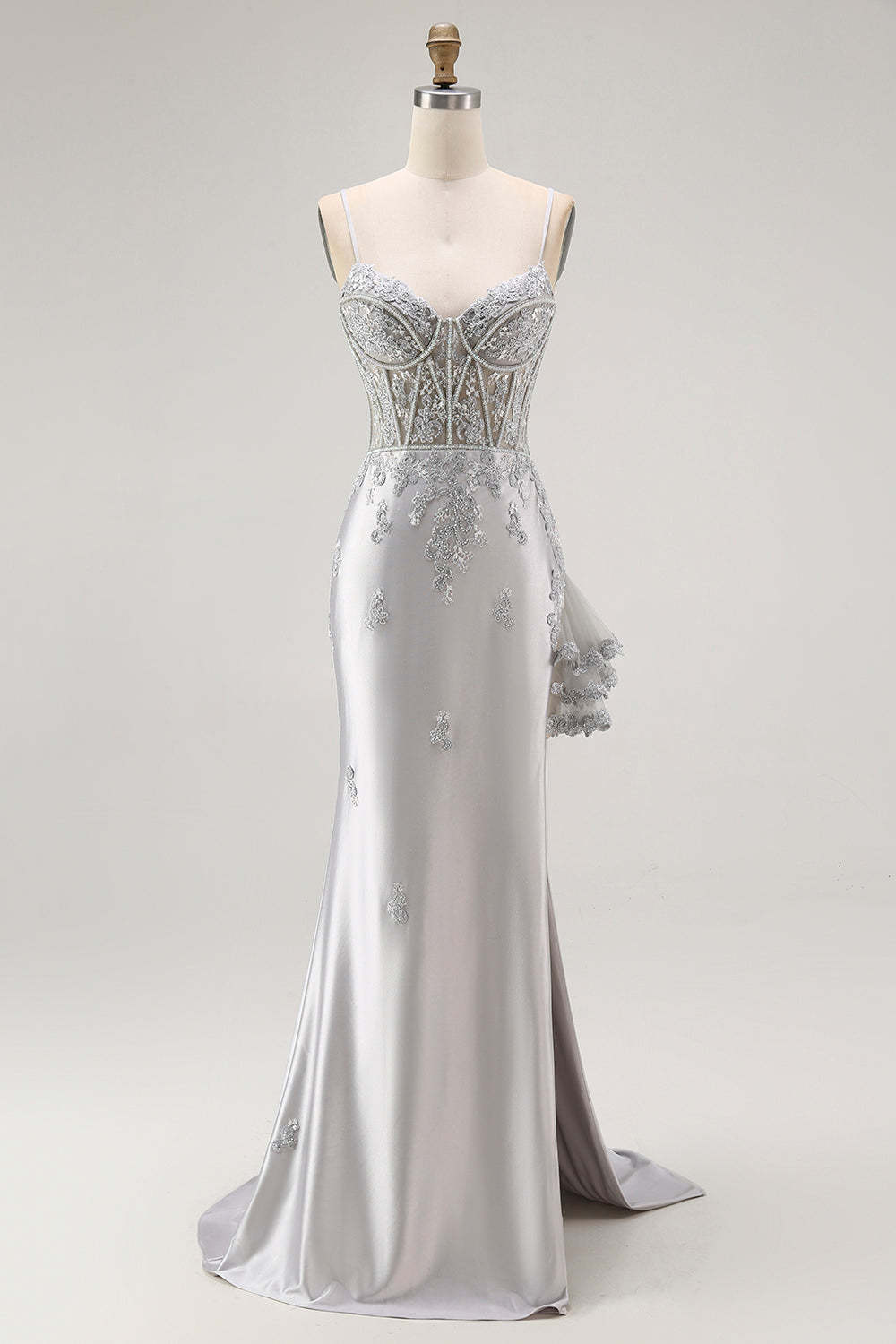Leely Women Sparkly Grey Corset Satin Maxi Prom Dress with Beading Mermaid Spaghetti Straps Evening Dress with Slit