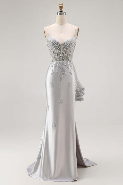 Leely Women Sparkly Grey Corset Satin Maxi Prom Dress with Beading Mermaid Spaghetti Straps Evening Dress with Slit