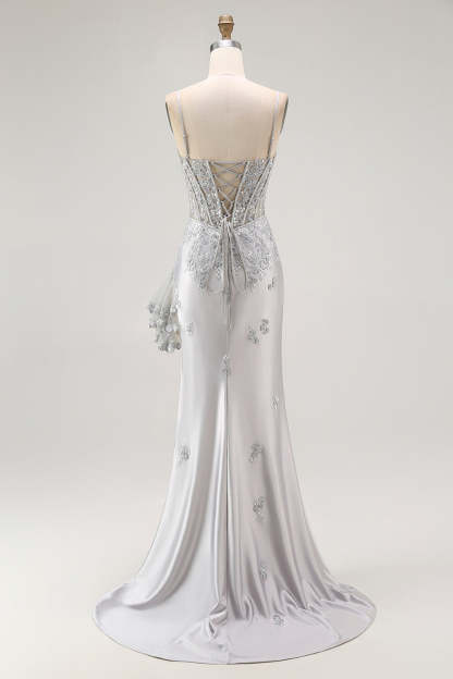 Sparkly Grey Mermaid Corset Maxi Prom Dress with Beading