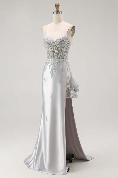 Sparkly Grey Mermaid Corset Maxi Prom Dress with Beading
