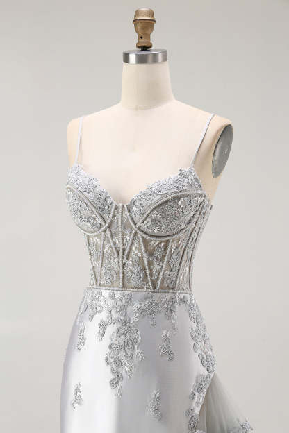 Sparkly Grey Mermaid Corset Maxi Prom Dress with Beading