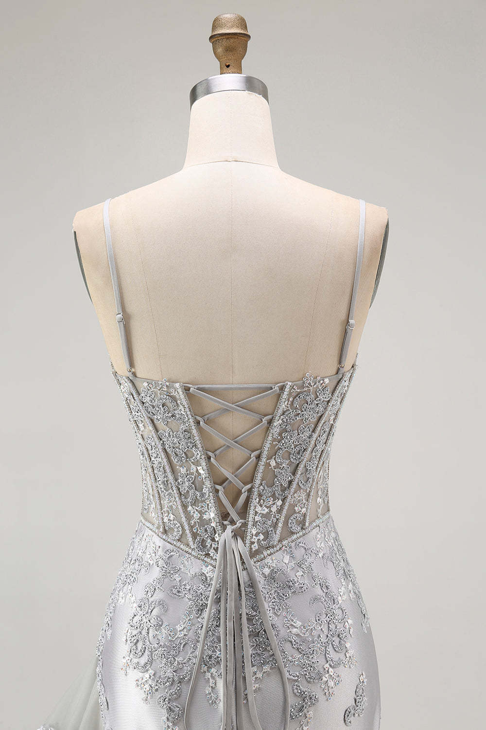 Sparkly Grey Mermaid Corset Maxi Prom Dress with Beading