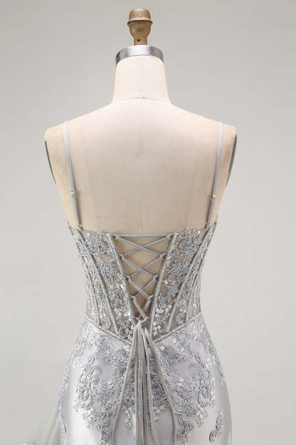 Sparkly Grey Mermaid Corset Maxi Prom Dress with Beading