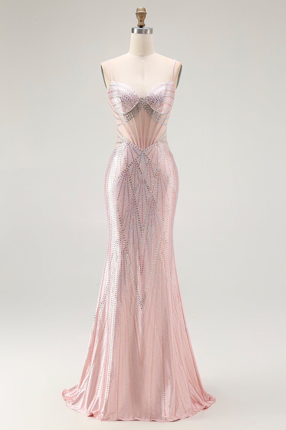 Leely Women Sparkly Blush Corset Long Prom Dress with Beading Spaghetti Straps Mermaid Lace Up Back Gala Dress