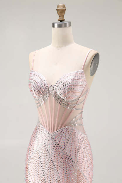 Sparkly Blush Corset Beaded Mermaid Long Prom Dress
