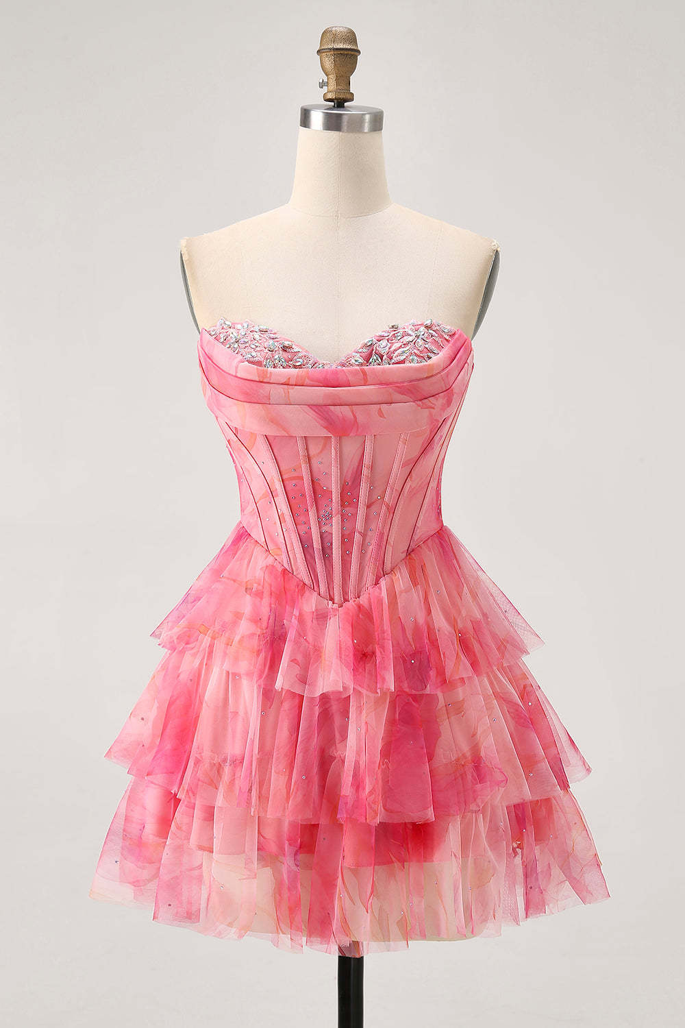 Leely Women Red Printed Corset Beaded Short Tiered Homecoming Dress with Ruffles Floral A Line Sweetheart Cocktail Dress