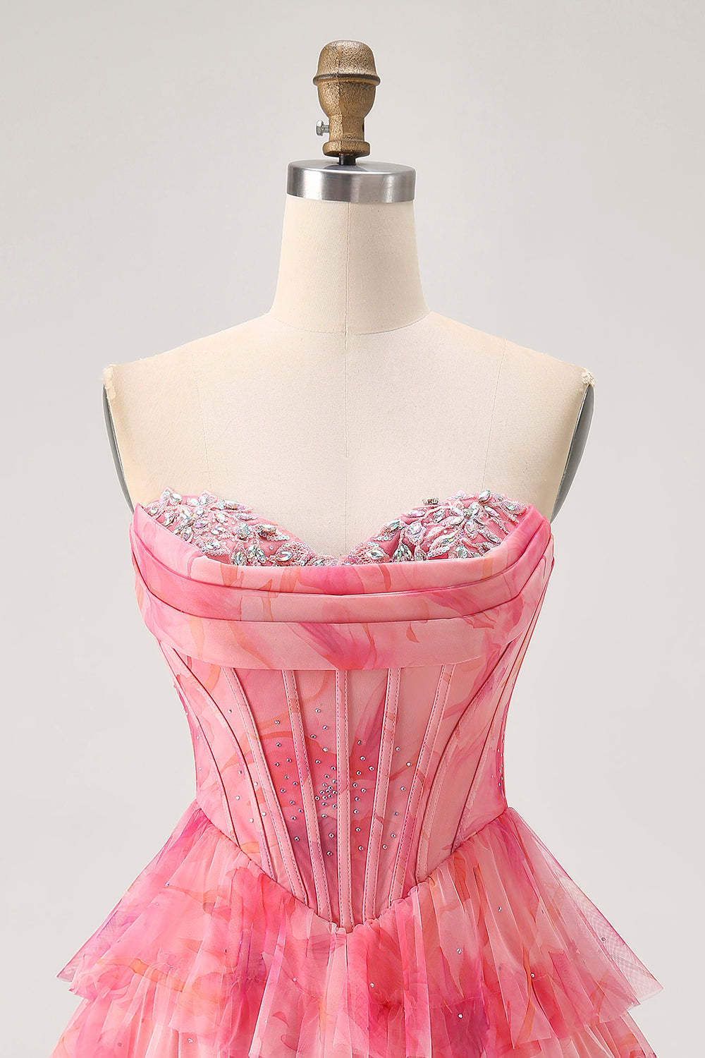 Red Printed Corset Beaded Short Tiered Homecoming Dress with Ruffles