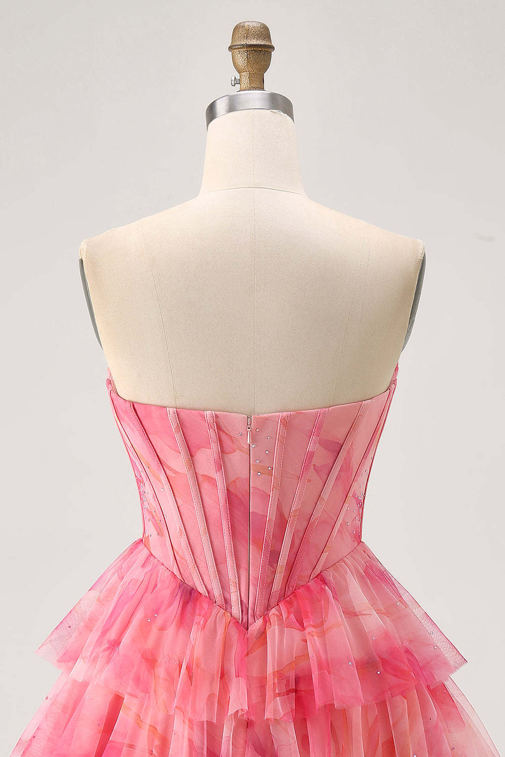 Red Printed Corset Beaded Short Tiered Homecoming Dress with Ruffles