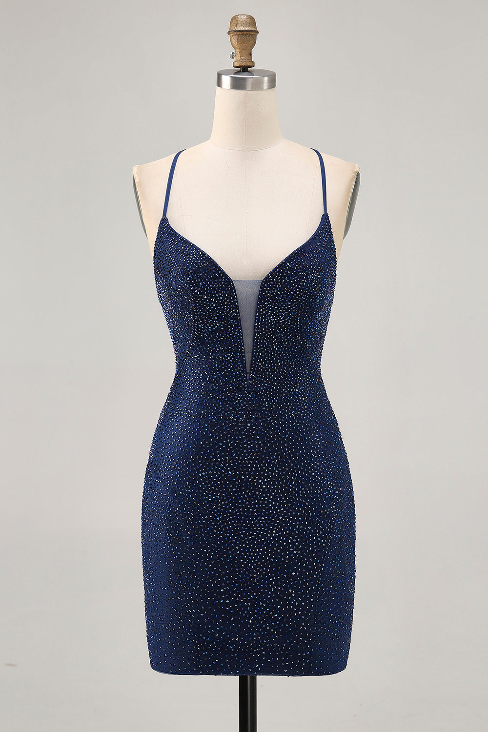 Leely Women Sparkly Dark Blue Beaded Tight Short Homecoming Dress Satin Spaghetti Straps Lace-Up Back Cocktail Dress