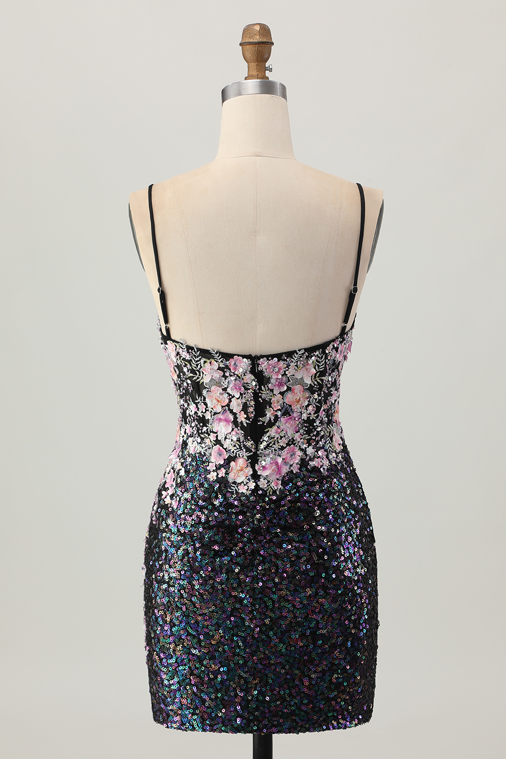 Black Floral Corset Tight Short Sparkly Sequins Homecoming Dress with Applique