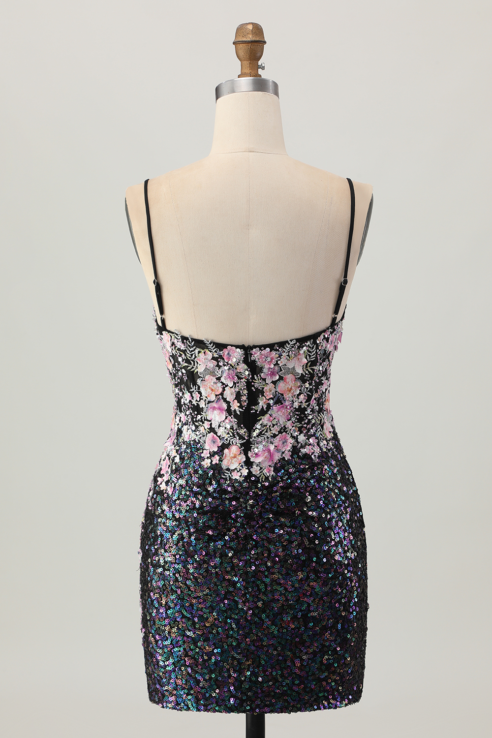 Black Floral Corset Tight Short Sparkly Sequins Homecoming Dress with Applique