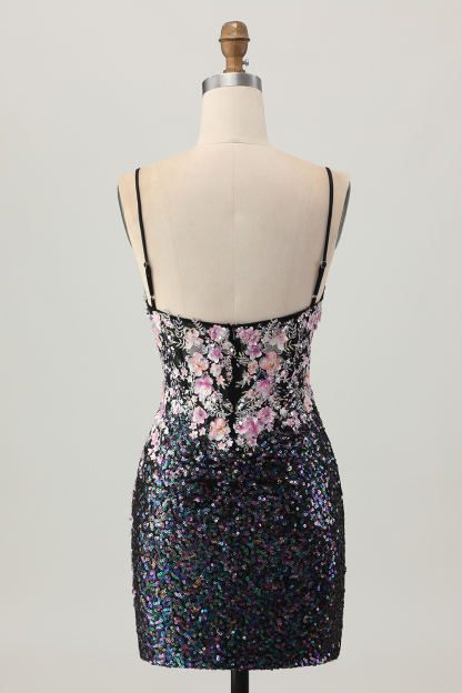 Black Floral Corset Tight Short Sparkly Sequins Homecoming Dress with Applique