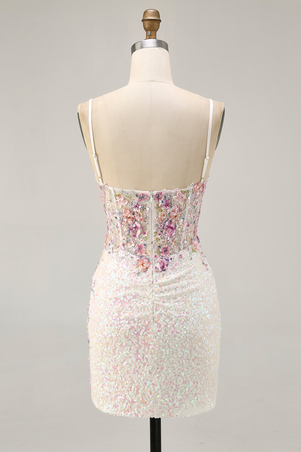 White Floral Sparkly Sequins Tight Short Corset Homecoming Dress