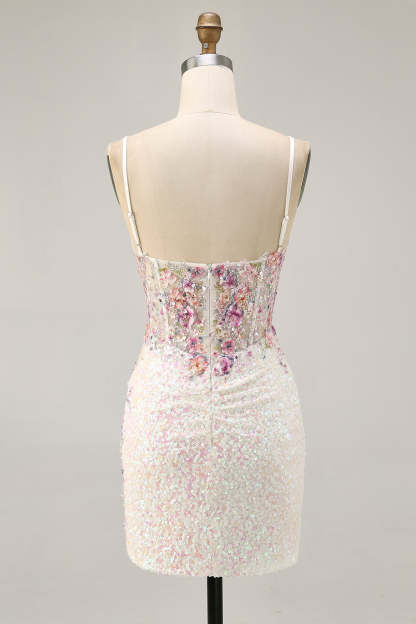 White Floral Sparkly Sequins Tight Short Corset Homecoming Dress