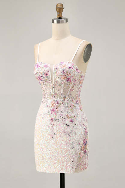 White Floral Sparkly Sequins Tight Short Corset Homecoming Dress