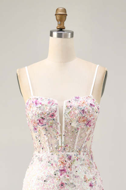 White Floral Sparkly Sequins Tight Short Corset Homecoming Dress